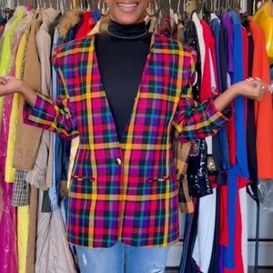Vintage Collarless Colorful Plaid Blazer, 8